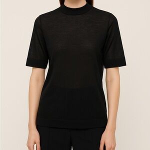 COS Semi-Sheer Mock Neck Nylon Blend Top in Black Sz L Minimalist Elevated Basic